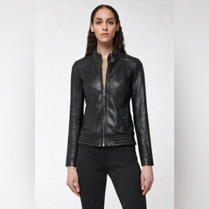 MACKAGE for Aritzia supple Lamb leather black bomber jacket mock neck hood XXS